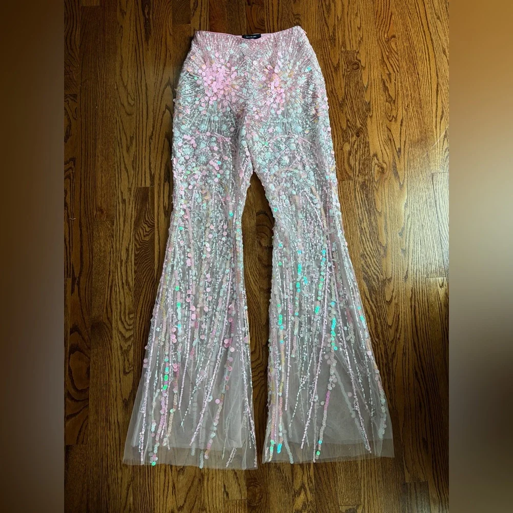 Eliya The Label Alyce Pink Sequin Flare Pants US 4 High Waist SOLD OUT - Picture 4 of 12